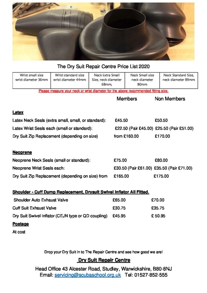 The Scuba School Dry Suit Repair Centre Price List 2020 Scuba School